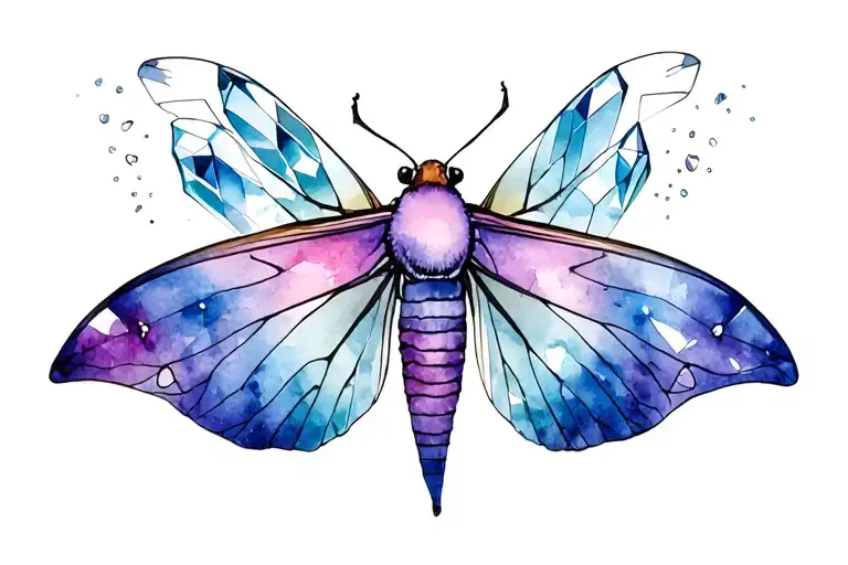 imperial moth, crystals, Pisces symbol incorporated tattoo design idea