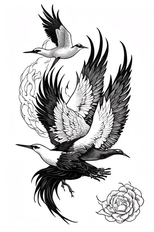 Eternal flame and flying cranes tattoo design idea