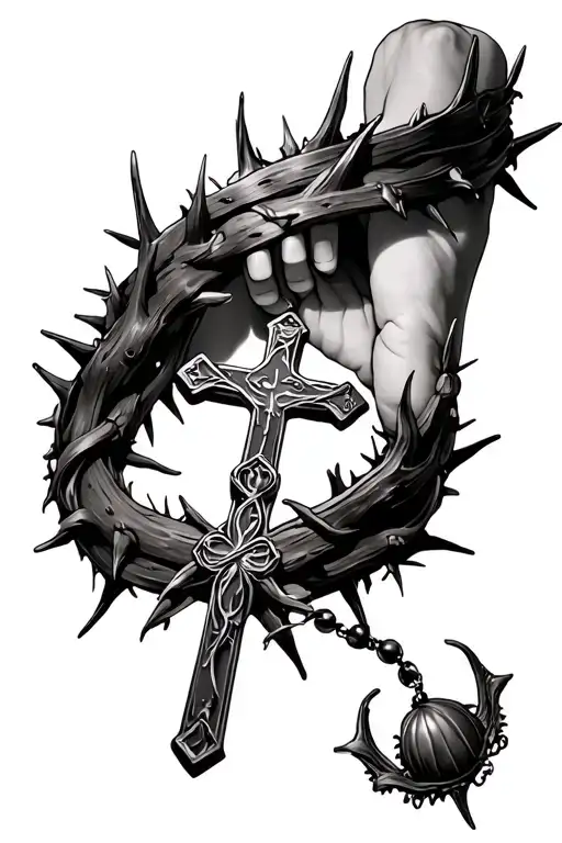 crown of thorn that wraps around whole arm into rosary with cross tattoo design idea