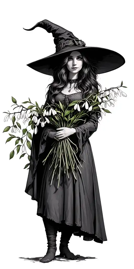 a witch, holding a bouquet of snowdrop flowers and witch hazel branches  tattoo design idea