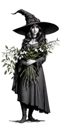 a witch, holding a bouquet of snowdrop flowers and witch hazel branches  tattoo design idea