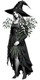 a witch, holding a bouquet of snowdrop flowers and witch hazel branches  tattoo design idea
