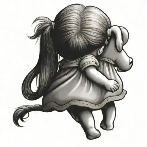 little girl outline from behind with pig tail, dress, holding elmo tattoo design idea