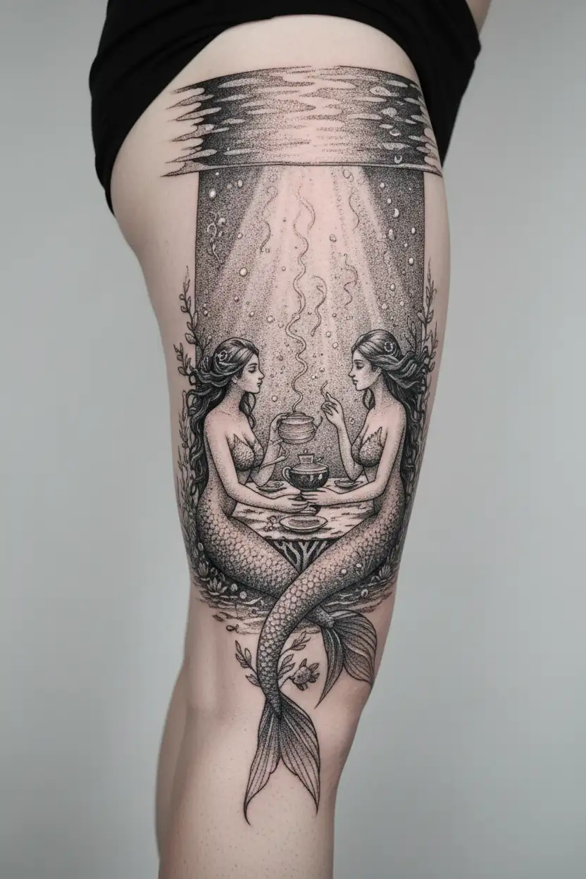 A whimsical underwater tea party scene with diving mermaids and sea creatures enjoying TCM herbal teas, blending the client's interests in swimming, culinary, and traditional Chinese medicine tattoo design idea