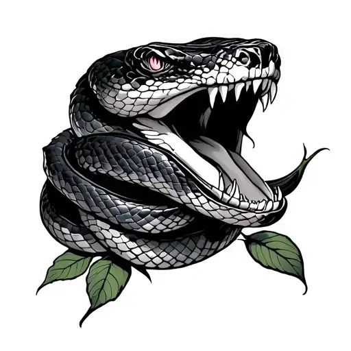 snake with open mouth around rose tattoo design idea