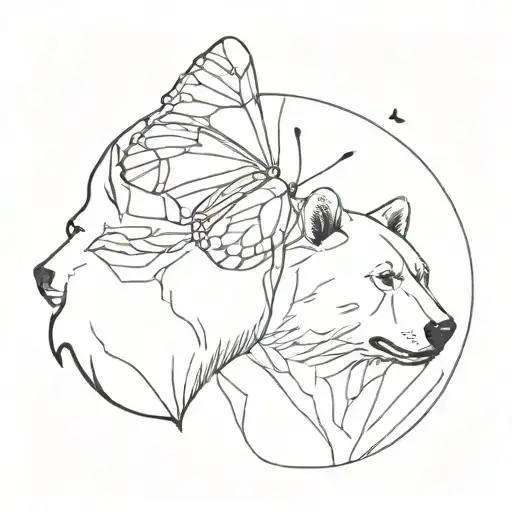 butterfly and bear head interacting together in the same tattoo design idea