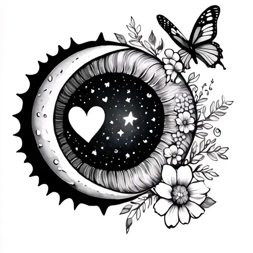Sun, moon, hearts, rainbow butterfly and flowers tattoo design idea