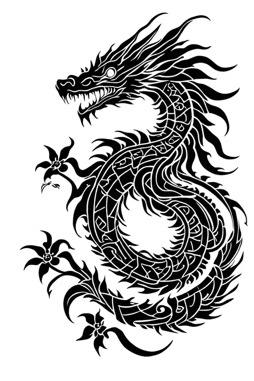japanese medieval flower water dragon tattoo design idea