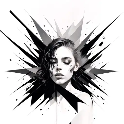 A minimalist drawing, with parts of the body breaking away as geometric or smoke-like fragments — representing  tattoo design idea