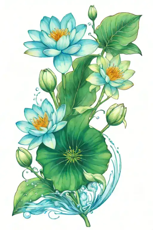 A fine line tattoo of a small flower bouquet made from a water lily and a primrose flower. The water lily has a splash o tattoo design idea