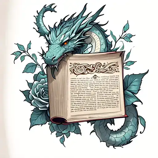 book with a dragon and roses intertwined tattoo design idea