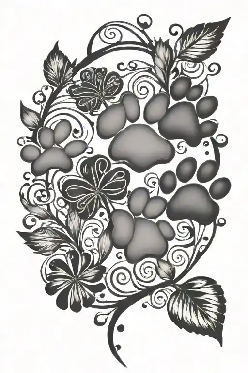 4 paw prints with vine wrapping around them with dotted hearts and circles as the leaves, minimalistic and elegant tattoo design idea