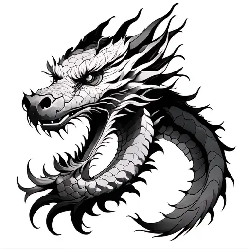 make the head of a Japanese dragon, just line and fill, without shadow, do it blackwork style tattoo design idea