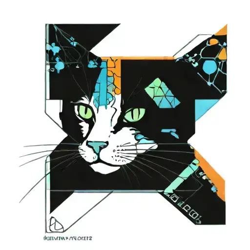 Skinny female tabby cat portrait, blue black green white, orange spot on face, tattoo design idea