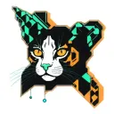 Skinny female tabby cat portrait, blue black green white, orange spot on face, tattoo design idea