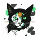 Skinny female tabby cat portrait, blue black green white, orange spot on face, tattoo design idea