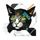 Skinny female tabby cat portrait, blue black green white, orange spot on face, tattoo design idea