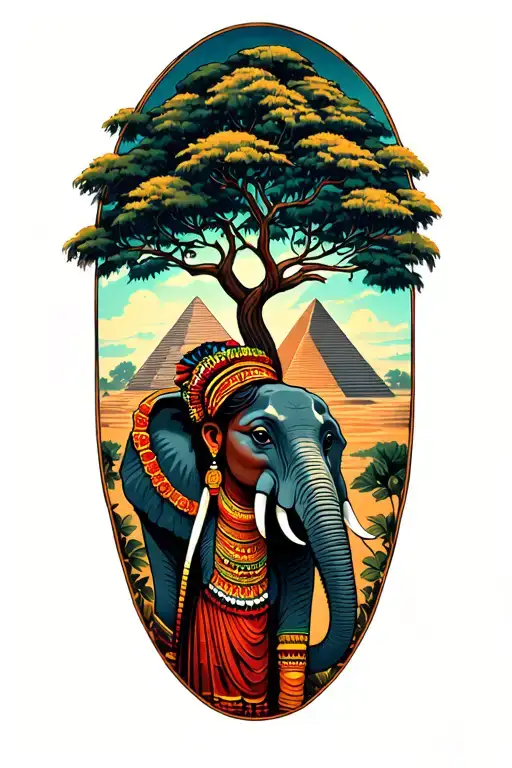 african queen, elephant surrounded, African tree of life, pyramid in background slight red hue tattoo design idea