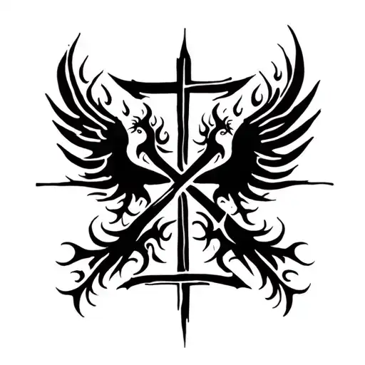 jerusalem cross and Phoenix rising from flames tattoo design idea