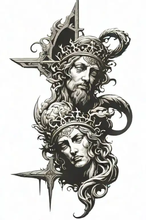 Renaissance gothic art style stencil. Incorporating actual biblical stories. I want it to have a lot of small details tattoo design idea