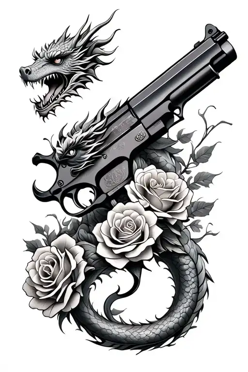 Japanese style dragon wrapped around a gun with roses tattoo design idea
