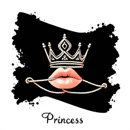 Minimalist tattoo: delicate crown with shibari rope knots into collar. include: paddle, peach and lips, text 'Princess' tattoo design idea
