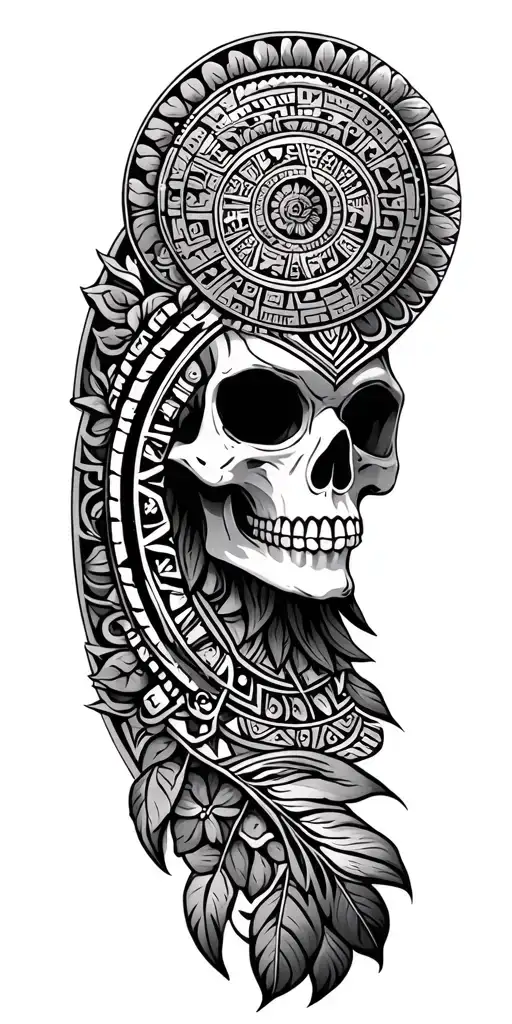 aztec calendar with skull + hawaiian tribal patterns tattoo design idea
