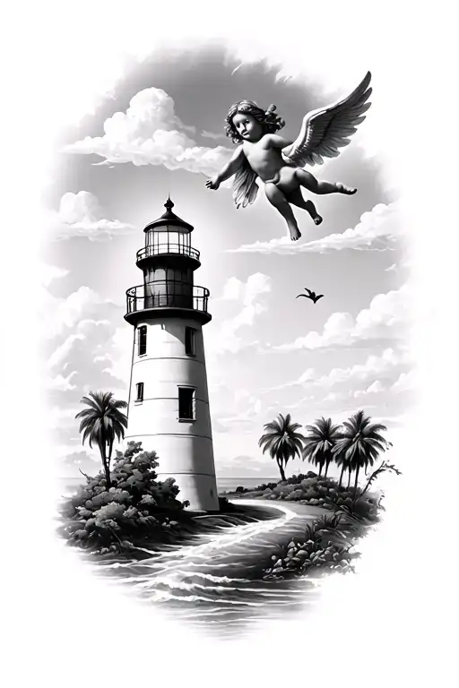 small light house in the distance, palm trees in background, small cupid flying in the sky, (black and white) tattoo design idea