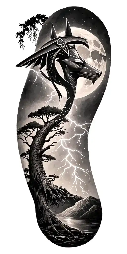 viking rume and moon and tree and lightning bolt Featuring Anubis and Fusion Of Inka And Egyptian Symbolism tattoo design idea