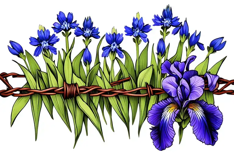 barbed wire with bluebonnets blooming on top and purple iris blooming on the bottom  tattoo design idea