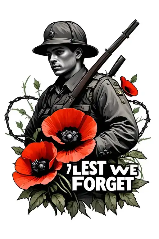 "Lest we forget " "Lest we forget " soldier,  poppy ,barbed wire tattoo design idea