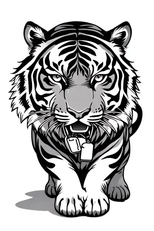 a Vietnamese style tiger with its full body visible, its holding dog tags in its mouth and it is mid step tattoo design idea