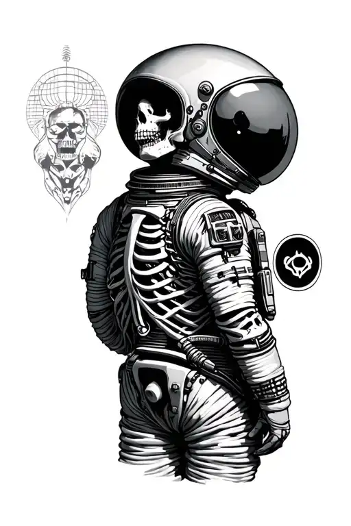 spacesuit with skeletal remains inside representing lonelyness tattoo design idea