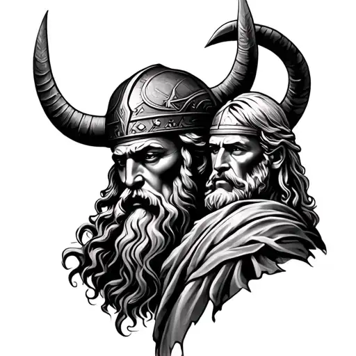 Tattoo on the forearm depicting Aristotle, Viking and Valhalla in the style of realism tattoo design idea