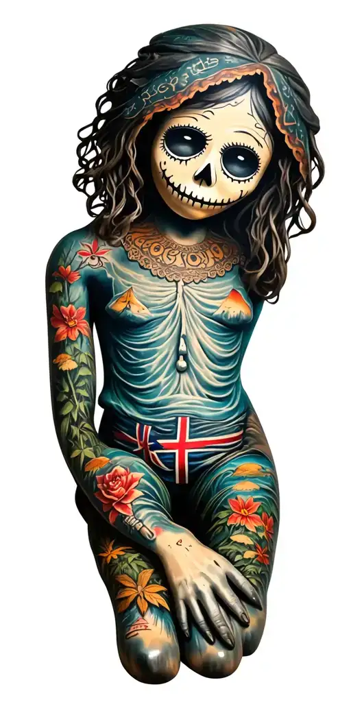 A voodoo doll surrounded by symbols of Norway nature tattoo design idea