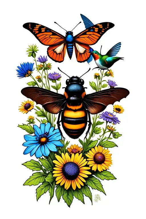 rusty patch bumblebee, hummingbird moth, swallowtail butterfly, brown bat, click beetle, & blue bird over wildflowers  tattoo design idea