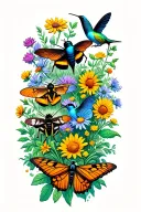 rusty patch bumblebee, hummingbird moth, swallowtail butterfly, brown bat, click beetle, & blue bird over wildflowers  tattoo design idea