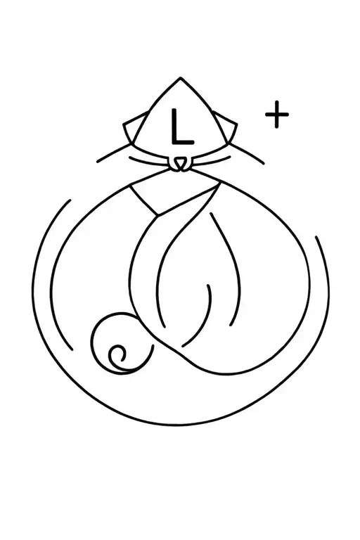 delicate collar-style tattoo, subtle happy collared kitten, triskelion symbol, the letter L on top, circle with a + tattoo design idea