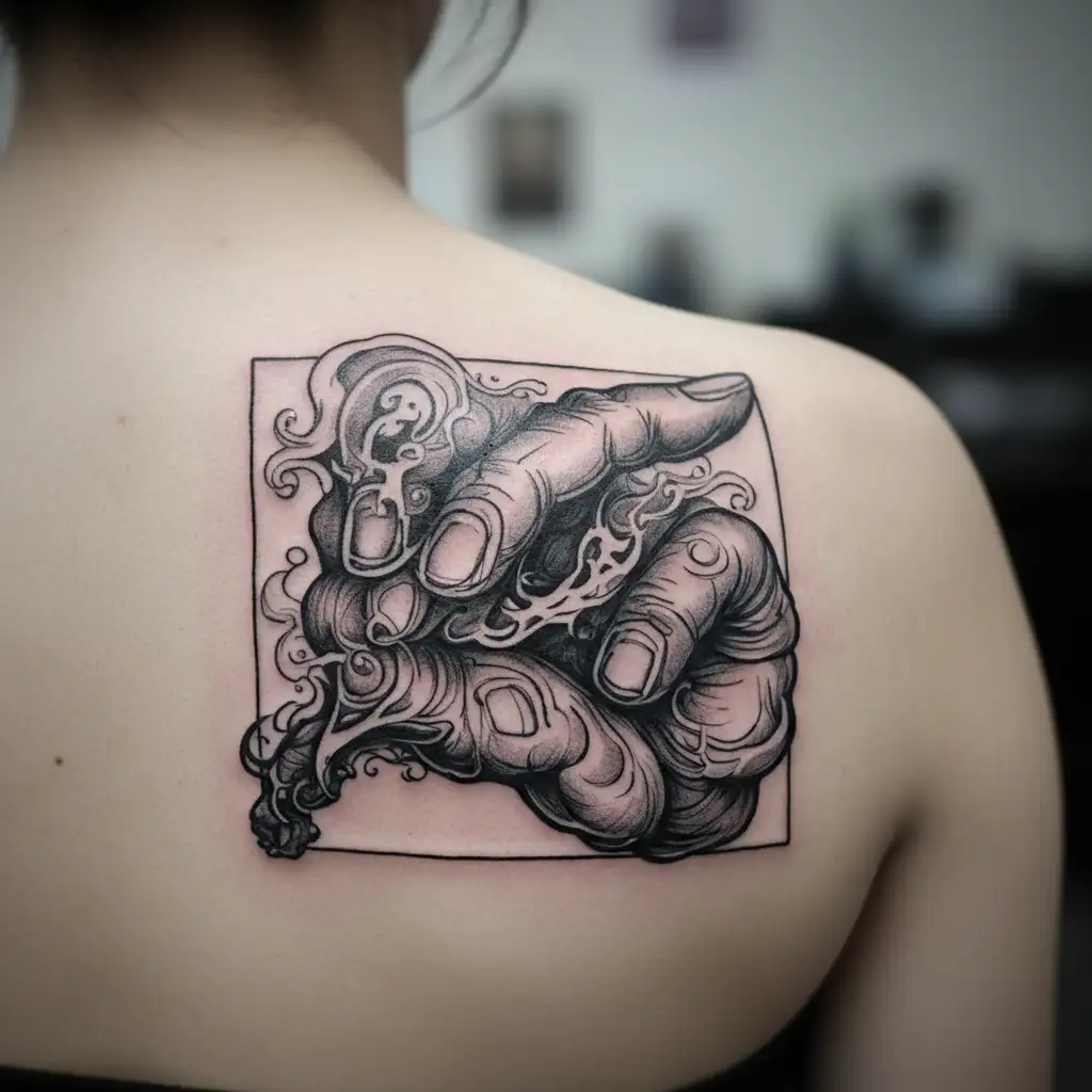 Hand in the shape of smoke without clear outline. Represents anger that suffocates if free. Left side of neck. tattoo design idea