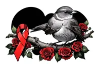 Robin with 2 legs sitting on branch surrounded by a lot of red roses with a cancer ribbon hanging off the end of it tattoo design idea