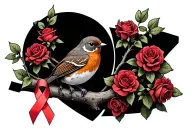 Robin with 2 legs sitting on branch surrounded by a lot of red roses with a cancer ribbon hanging off the end of it tattoo design idea