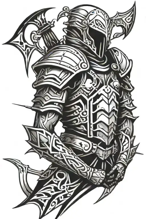 Medievil vembrace armour with arrow over a shied tattoo design idea