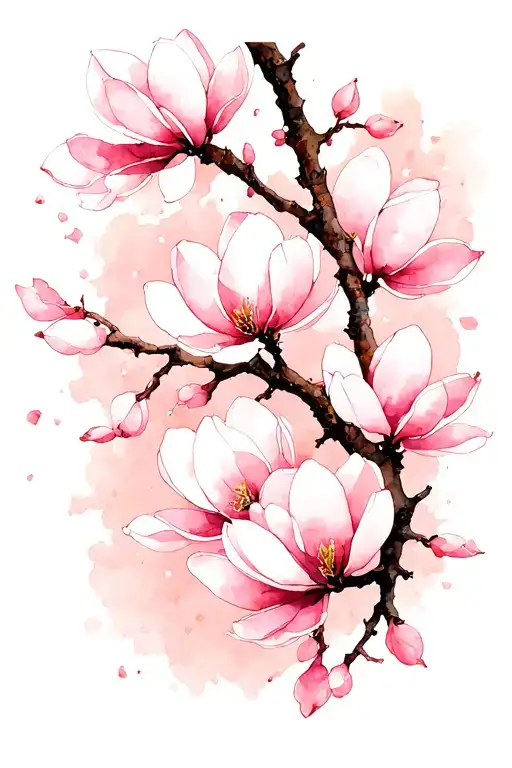A Japanese-inspired illustration featuring a delicate branch with vertically arranged soft pink magnolia blossom framed tattoo design idea