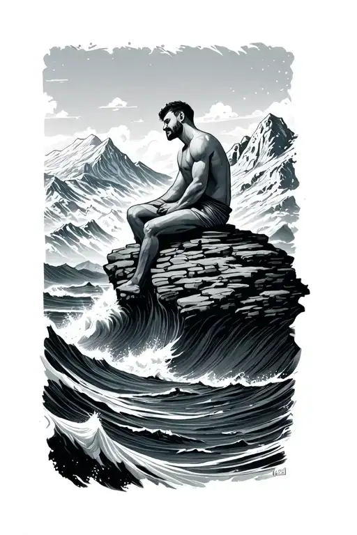 A man sitting on a protruding mountain ledge above the foaming ocean. Mountains in the background, a clear sky above. tattoo design idea