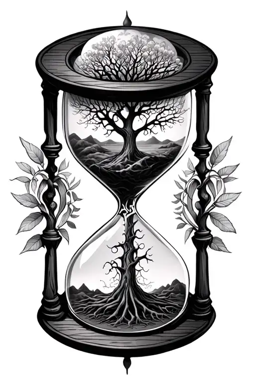 hourglass with a tree of life inside surrounded tattoo design idea