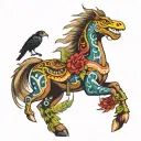 Totempole with frog, mustang horse, jester, rose, and eagle tattoo design idea