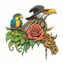 Totempole with frog, mustang horse, jester, rose, and eagle tattoo design idea