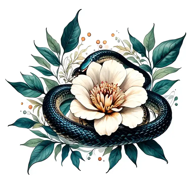 flower and snake coiled tattoo design idea