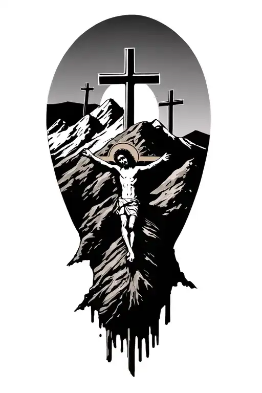 mountain with 3 crosses with a big one that has the jesus on top with cliyd behind simple  tattoo design idea