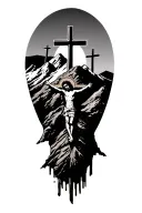 mountain with 3 crosses with a big one that has the jesus on top with cliyd behind simple  tattoo design idea